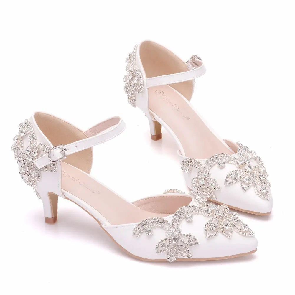 

5cm white rhinestone slim heeled pointed low heeled oversized sandals for women's foreign trade crystal wedding shoes