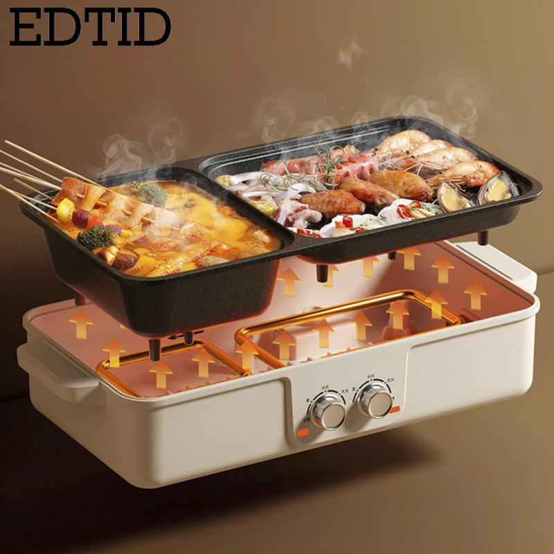 EDTID Multifunctional Electric Hot Pot Cooker Boilling Frying 2 IN 1 Pot BBQ Grill Non Stick Frying Pan Barbecue Plate Roaster