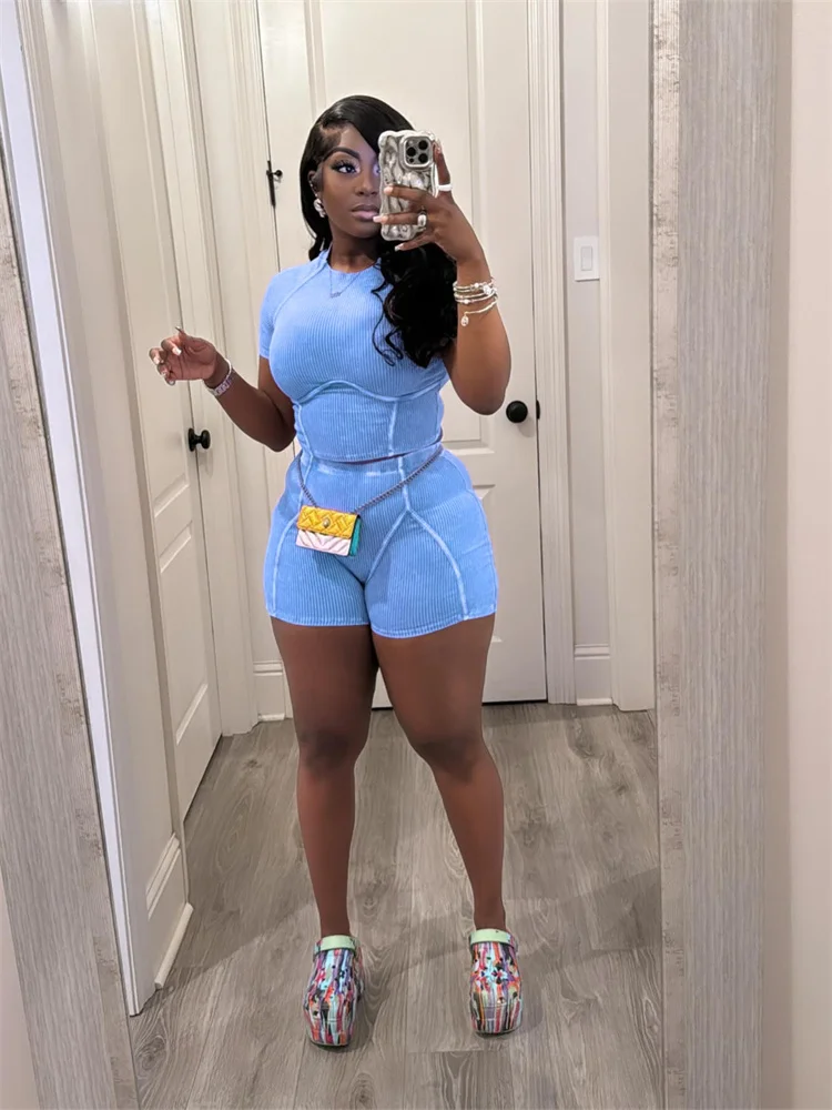 Wmstar Women Summer 2 Piece Outfits Clothes Casual Crop Shorts Sets Fashion Striped Knitted Matching Suit Wholesale Dropshipping