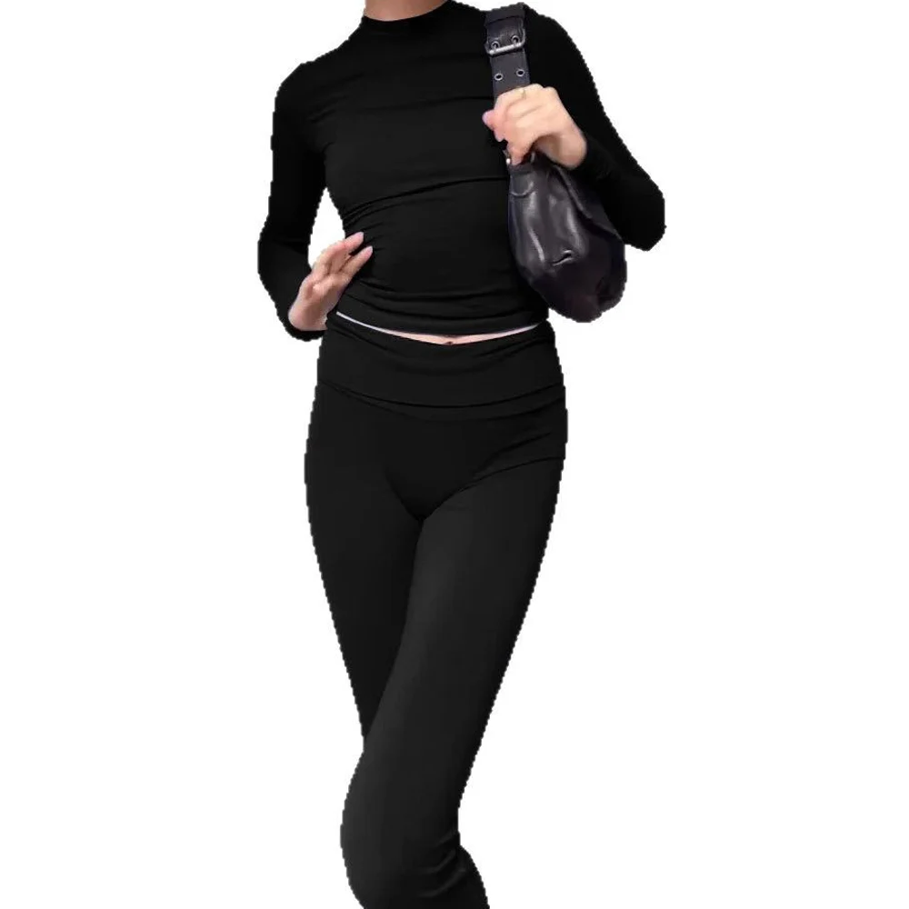 Women Two Piece Chic Sets Long Sleeve Cropped Tshirt and High Waist Fitness Pants