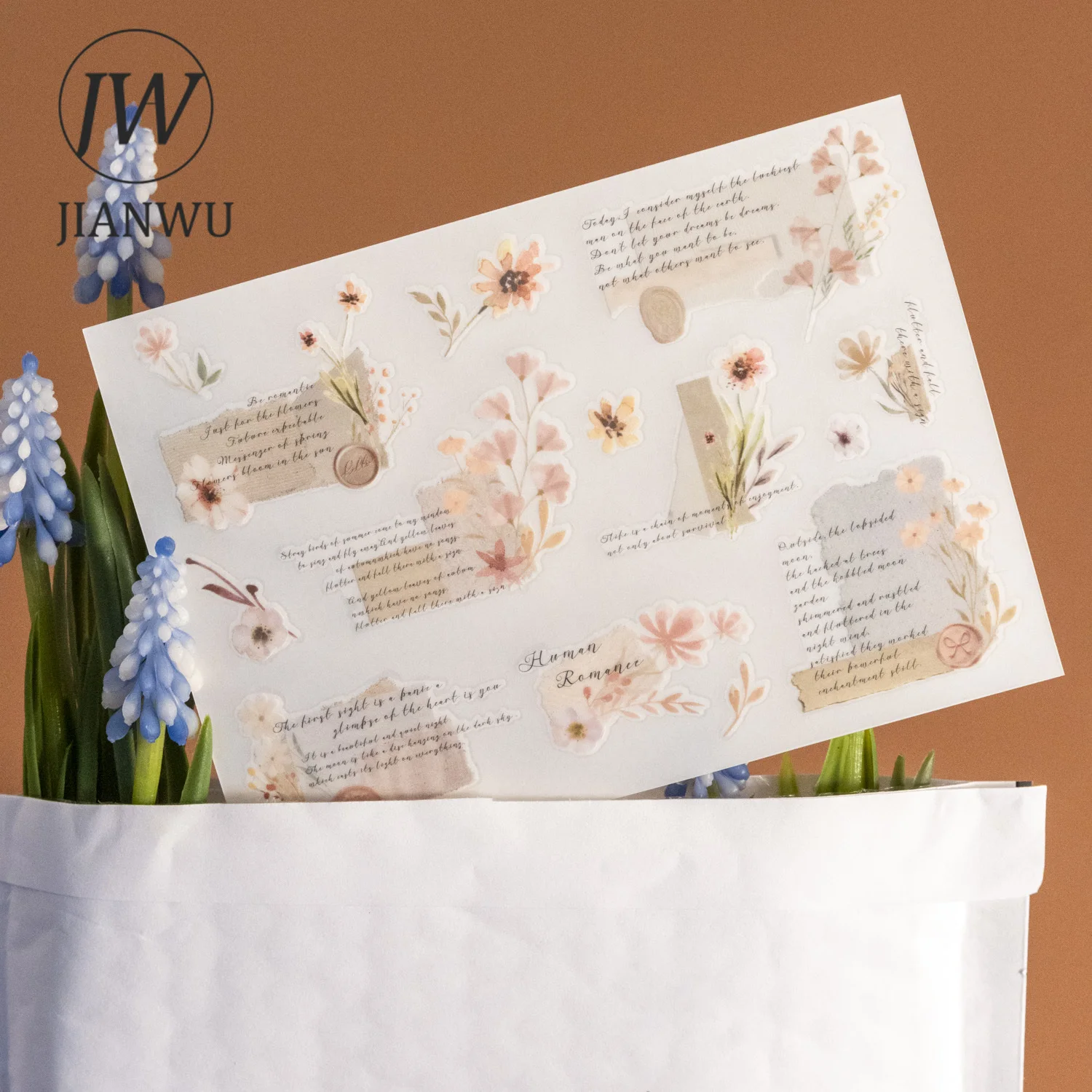 JIANWU 3 fogli lunga conversazione di fiori serie materiale floreale letterario Collage adesivo di trasferimento in PVC creativo diario fai da te cancelleria