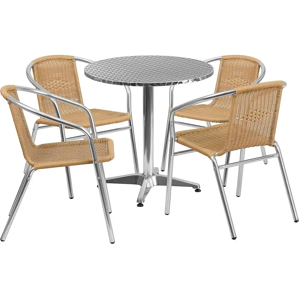 27.5 Inch Round Aluminum Table Set with 4 Rattan Chairs Lightweight Indoor Outdoor Dining Furniture Commercial Residential 3