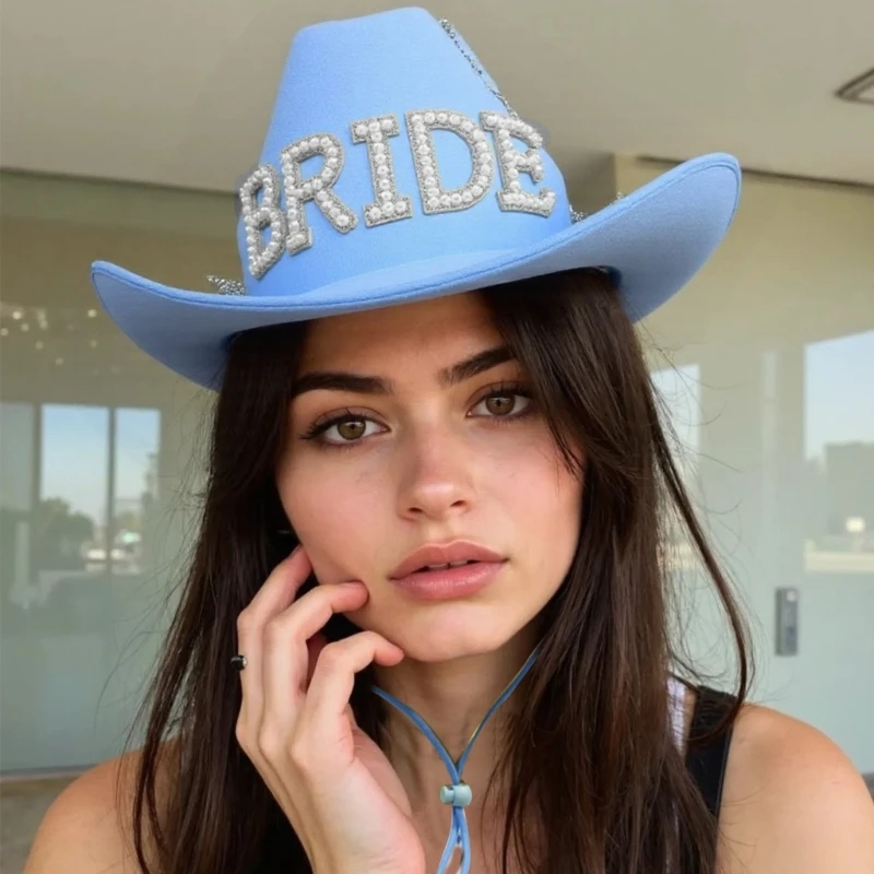Bride Cowboy Hats Crystal Panama Hat for Bachelorette Party Cocktail Parties Vacation Sparkly Crystal Blue for Wedding