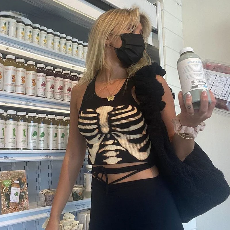 

Women Summer Gothic Style Bone Print Slim Croptop Tank