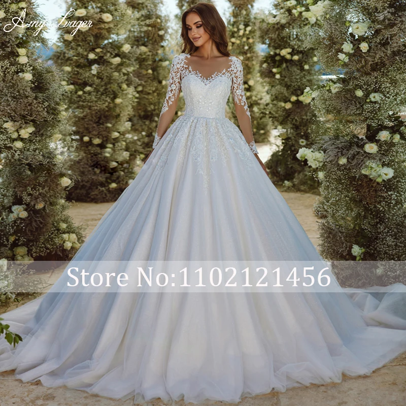 AmyLvager Romantic Scoop Neck Long Sleeves Ball Gown Wedding Dress 2023 Gorgeous Appliques Beaded Sparkly Princess Bridal Gown