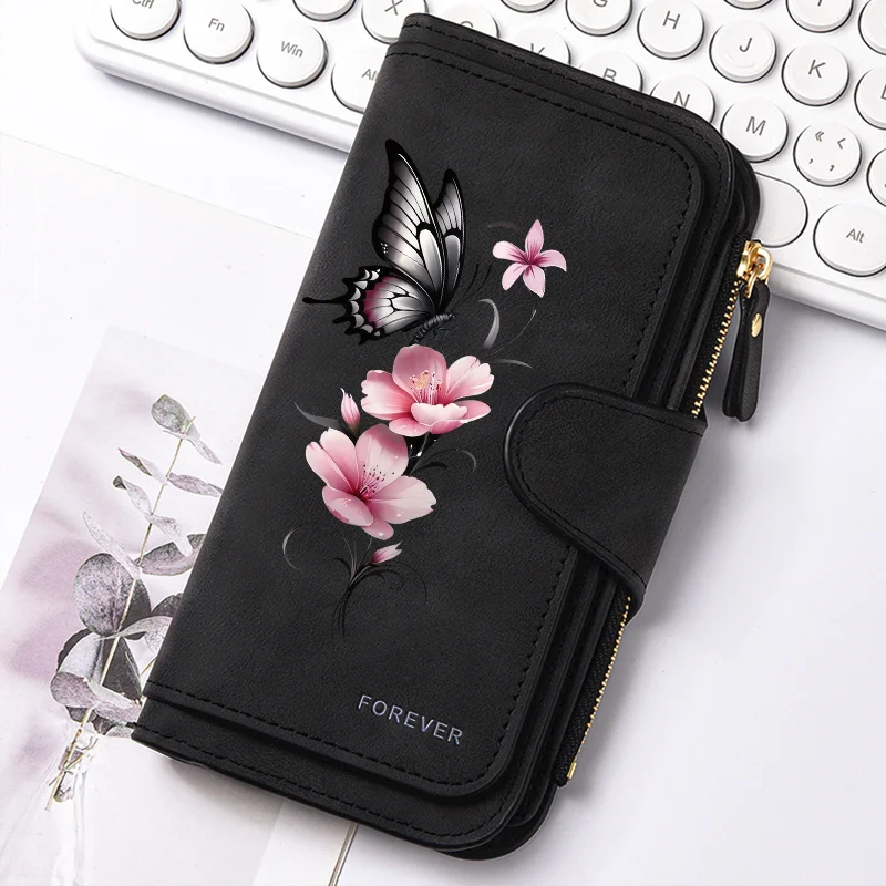 Long PU Leather Butterfly Flower Wallet with Zipper & Card Holder Saa4ce59690794006aeabce106017b173d
