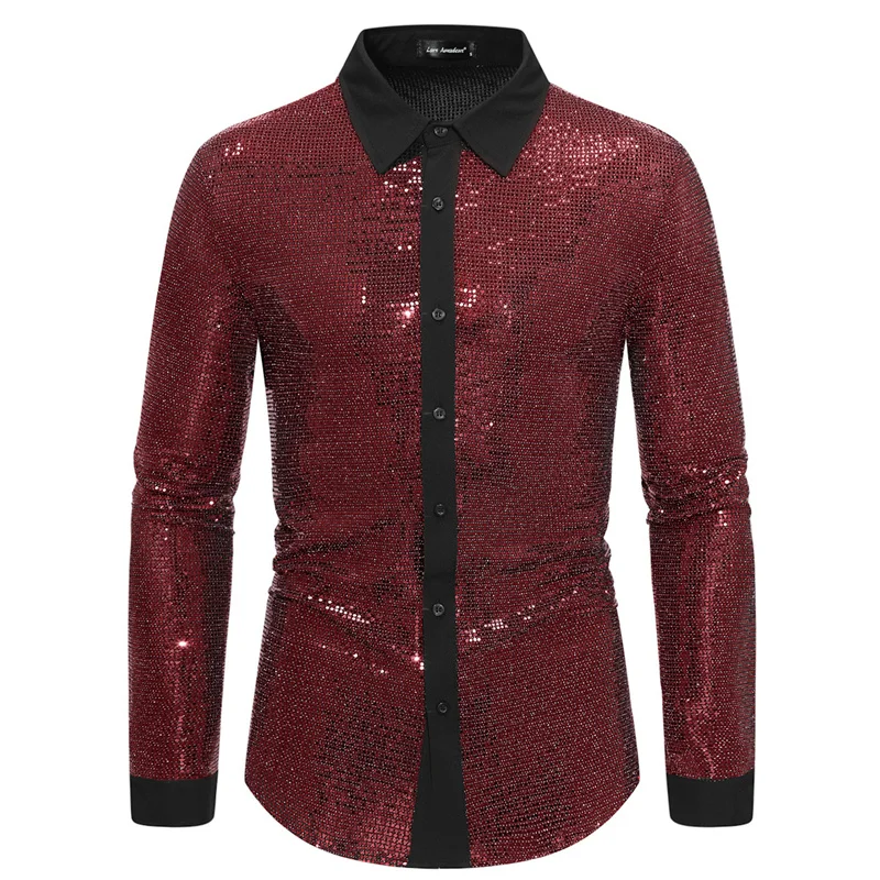 Description Picture 5 of itemSummer New Men Shiny Long-sleeved Loose Shirt Fashion Singer Stage Performance Lapel Dress Tops