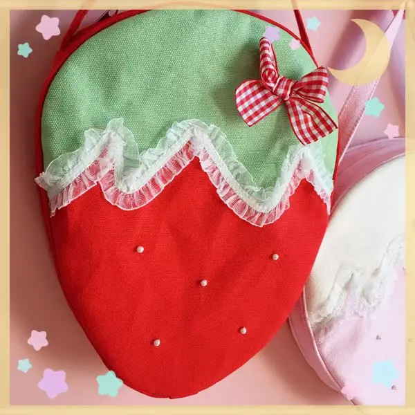 Japanese Handmade Homemade Lolita Bags Female Soft Girl Macaron Pearl Strawberry Fungus Edge Bow Messenger Bag Girl Canvas Bag 2
