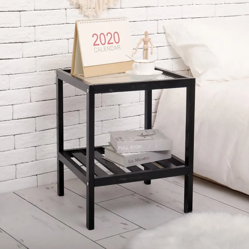 Wuli Ins Bedside Table Small Apartment Solid Wood Bedroom Transformation Tempered Glass Rack Homestay Wind Bedside Few  New 2024