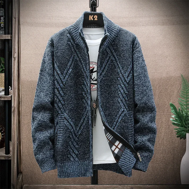 Cardigan Sweater Men Winter Fleece Zipper Stand-up Collar Solid Color Casual Knitted Sweater Coat Jacket