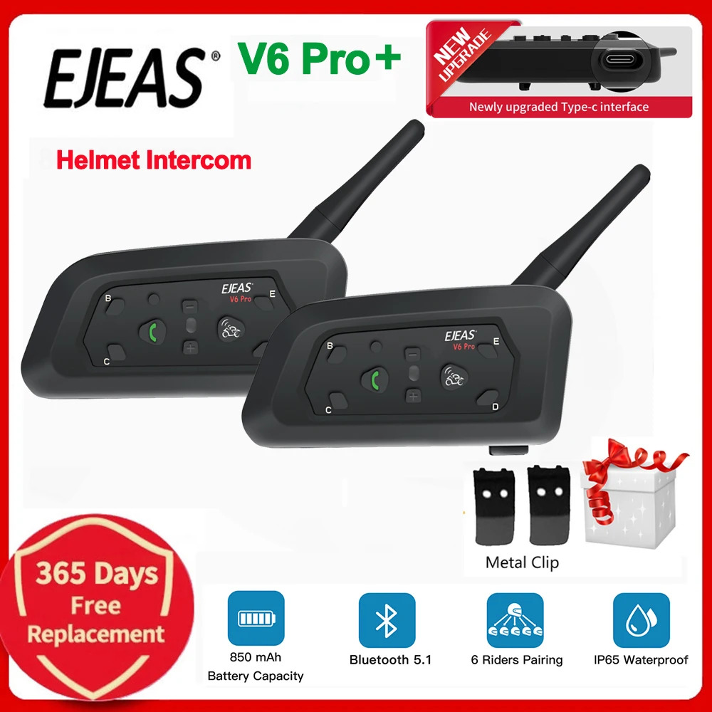 

EJEAS V6 PRO+ Bluetooth Motorcycle Intercom Helmet Headset 850mAh Waterproof 6 Riders 1200m Motorbike Communicator Interphone