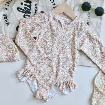 New Fashion Kids Girl Costumi da bagno Ins Estetico Costume da bagno floreale Set di cappelli da nuoto per bambina Viaggi Estate Spiaggia Vestiti per bambini 1