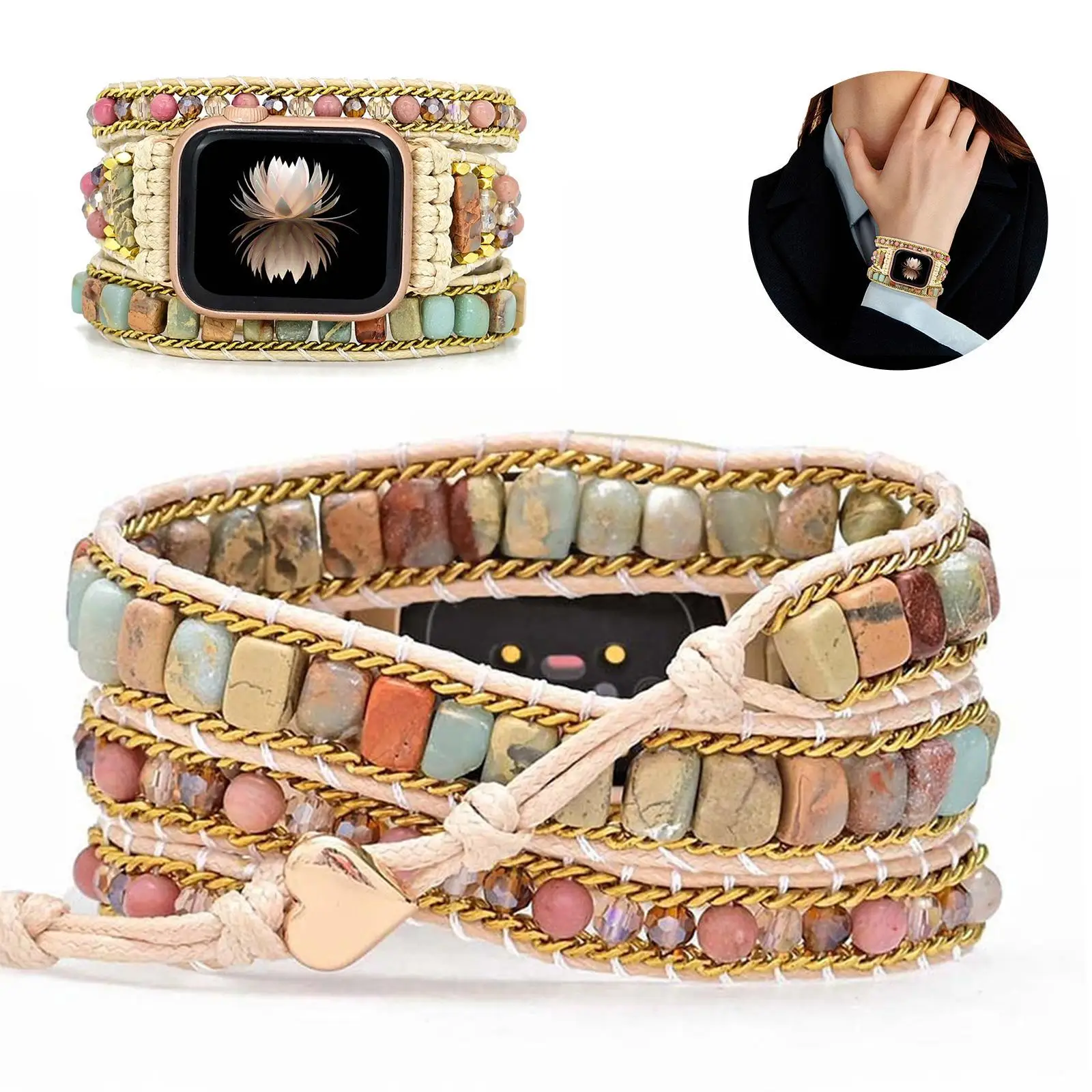 

Ремешок для Apple Watch Band Ultra 44 мм 40 мм 41 45 мм 42 49, плетеный браслет из натурального камня, в богемном стиле, для iWatch Series 1-9