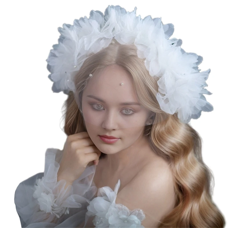 Bridal Veil Studded Hair Hoop 3D Flower Bachelorette Party Head Scarf Bride Gift Bridal Shower Wedding White