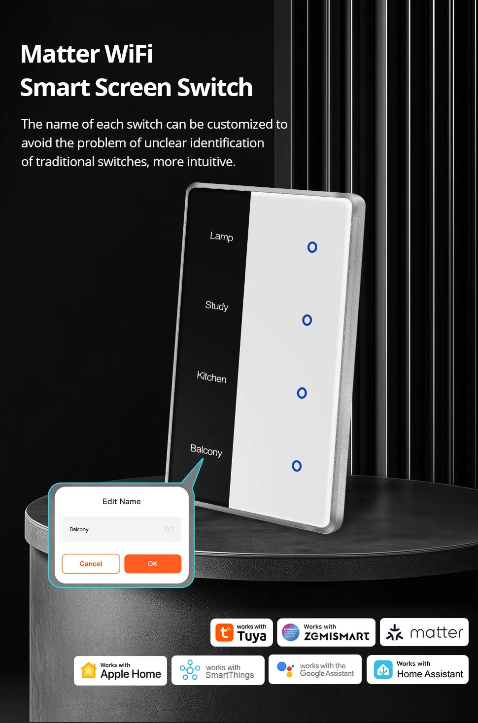 Matter Over WiFi DIY Name Switch with Display Screen US Type Works with Tuya Hom