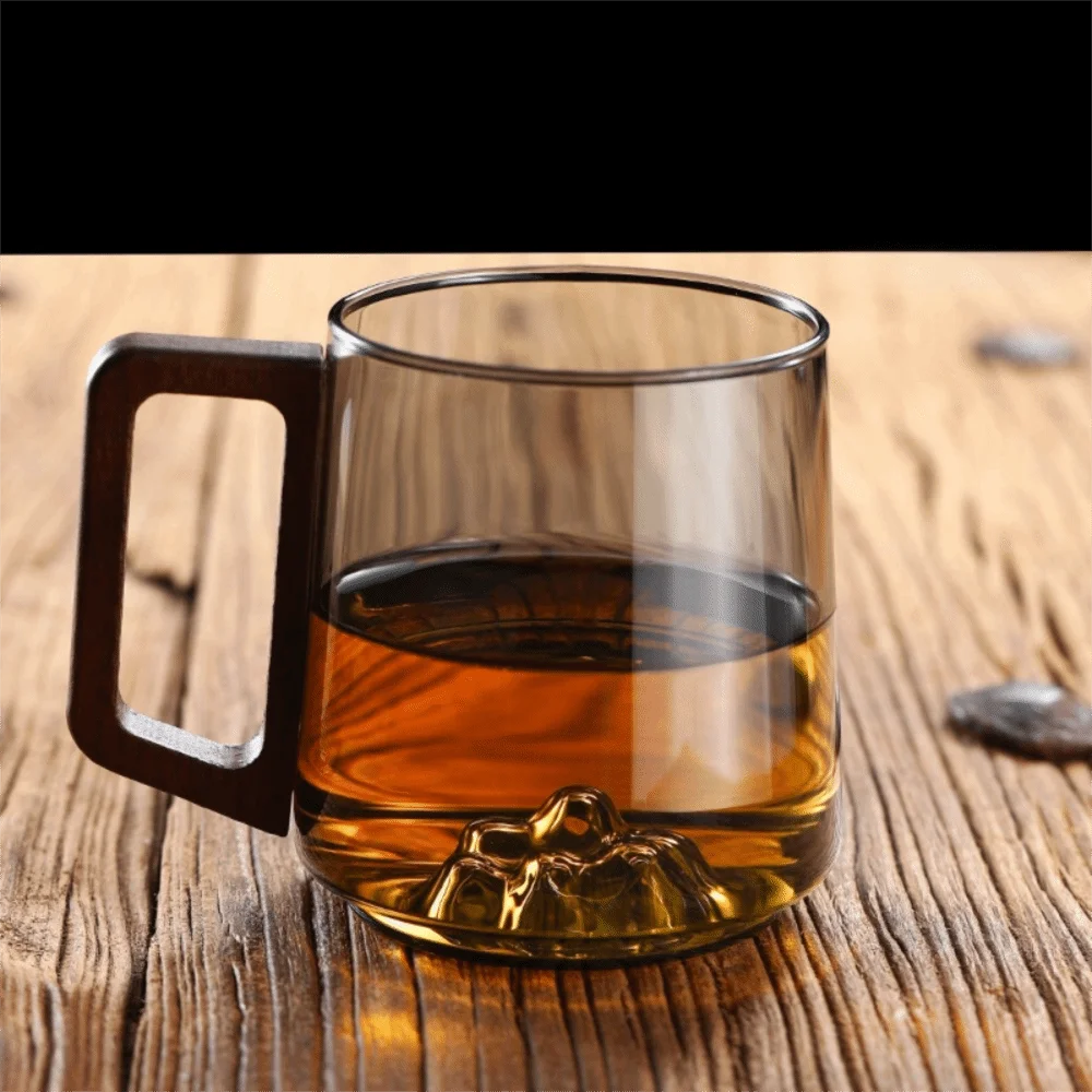 Internal Mountain Protrusion Glass Cup Large Capacity Single-layer Water Drinking Cup Heat-resistant Wooden Handle Tea Cup Gift