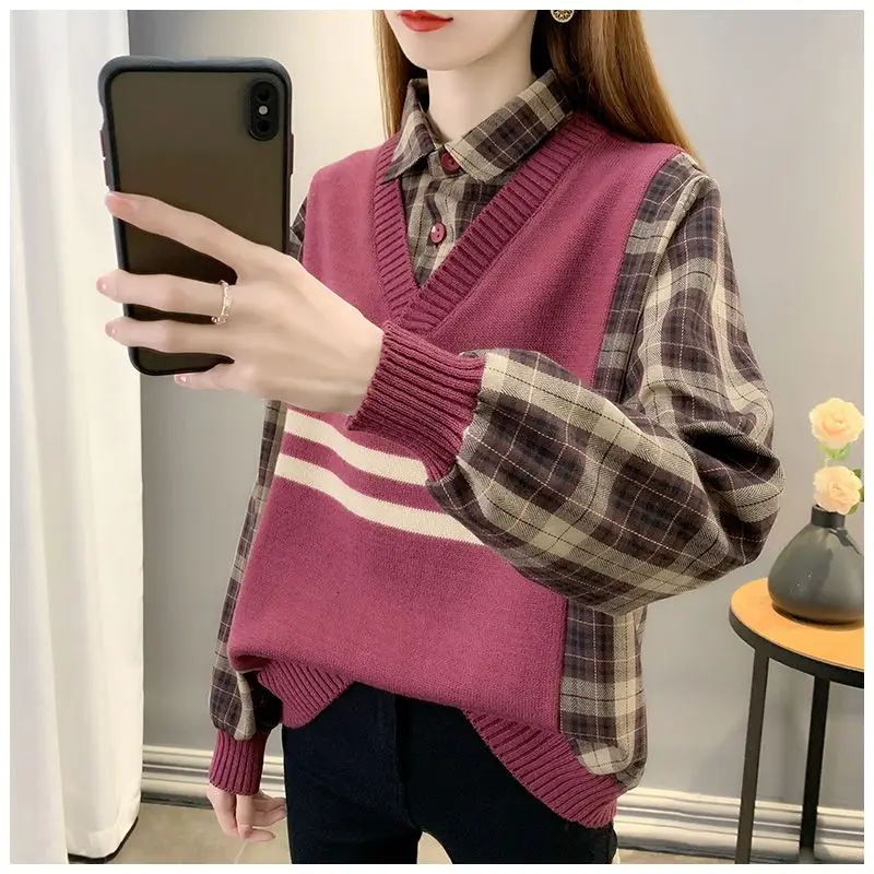 Fashion Lapel Spliced Fake Two Pieces Plaid Blouses Women's Clothing 2023 Winter Loose Knitted Casual Tops All-match Shirts