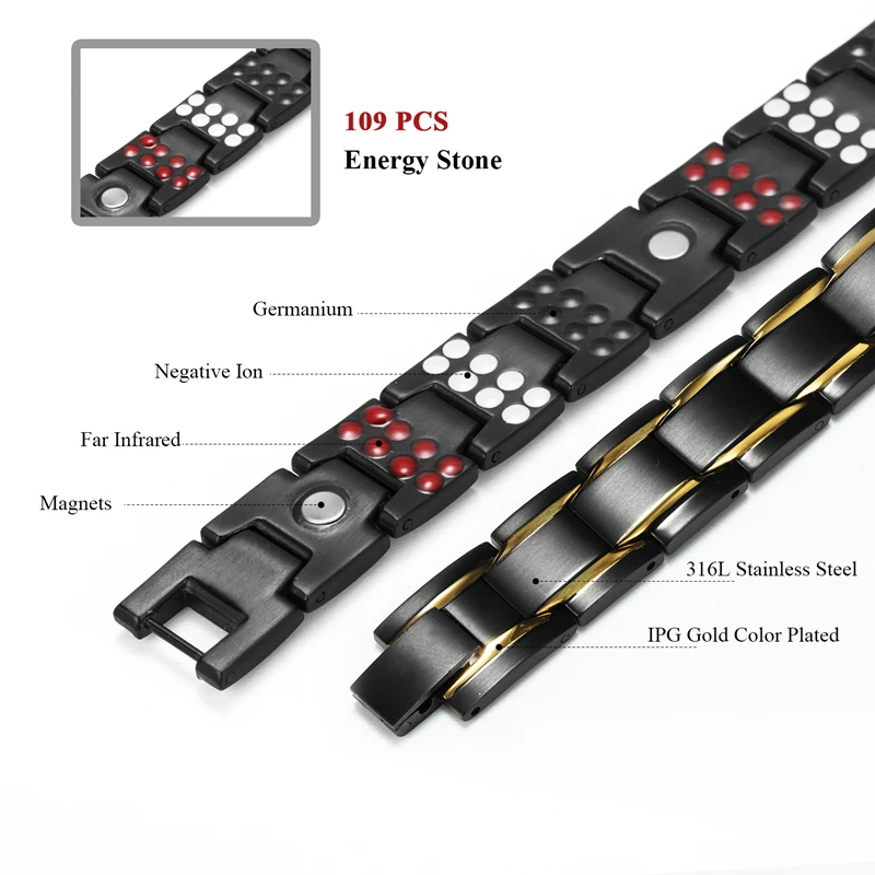 Stylish Magnetic Therapy Bracelet for Men Effective Pain Relief 109 Pcs Energy Germanium Bangle 316L Stainless Steel Jewelry