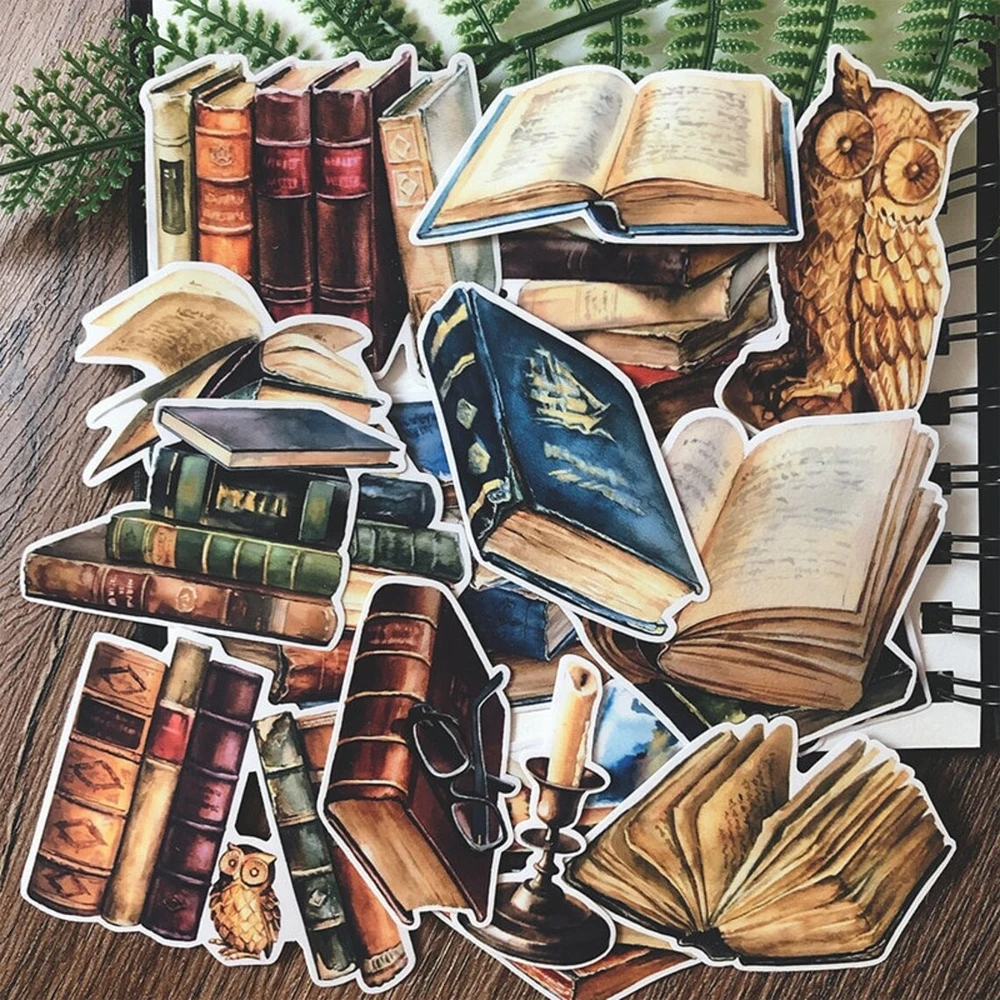 Pack of 15 Vintage Book Stickers Self-adhesive Retro Decals for Handbook, Laptop, Journal, Water Bottle, DIY Craft Decor