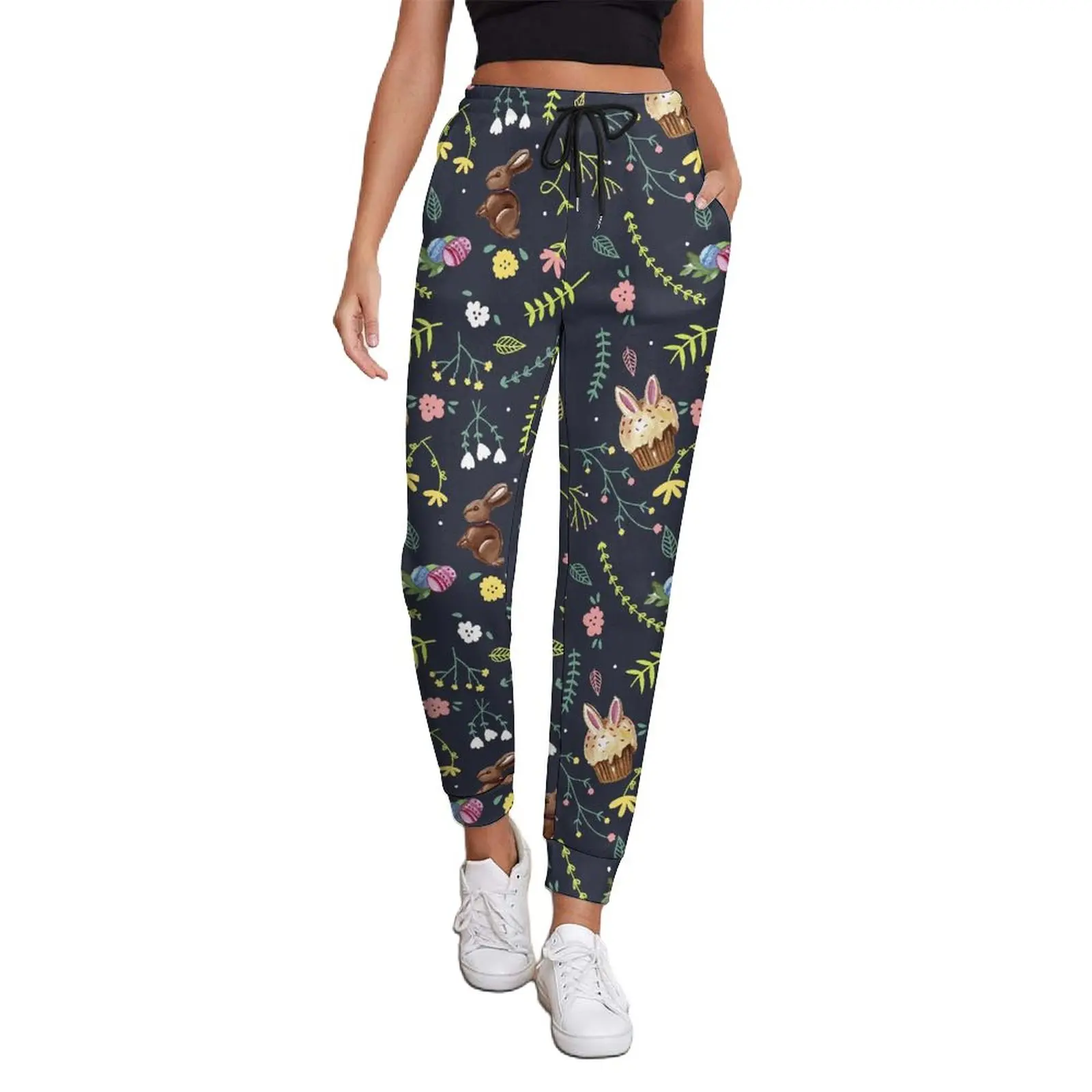 

Retro Easter Day Baggy Pants Womens Rabbit And Leaf Print Street Style Joggers Spring Modern Graphic Trousers Big Size 3XL