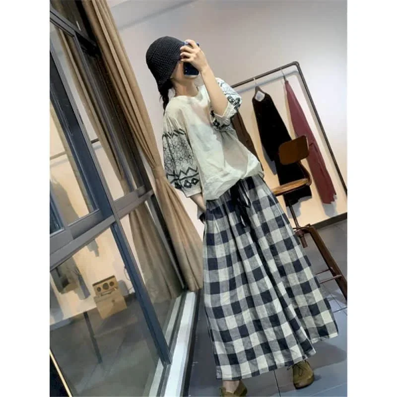 100% Cotton Linen Pants Women Plaid Loose Casual Baggy Pants Oversized Vintage Korean Fashion Trousers Clothes Wide Leg Pants