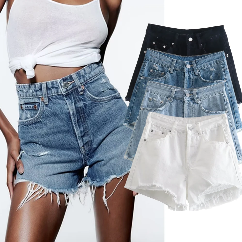 Maxdutti Summer Pure Cotton Girls High Street Shorts Women Frayed Distressed Denim Mom Fashion Casual Bermuda