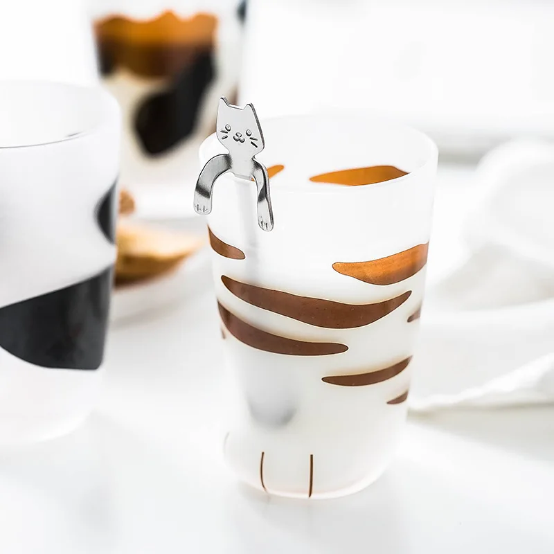 Cat Paw Cup,Cat claw Cup Milk Glass Frosted Glass Cup Cute Cat Foot Claw  Print Mug Cat Paw for Coffee Kids Milk Glass Cups Tumbler Personality  Breakfast Milk Cup 