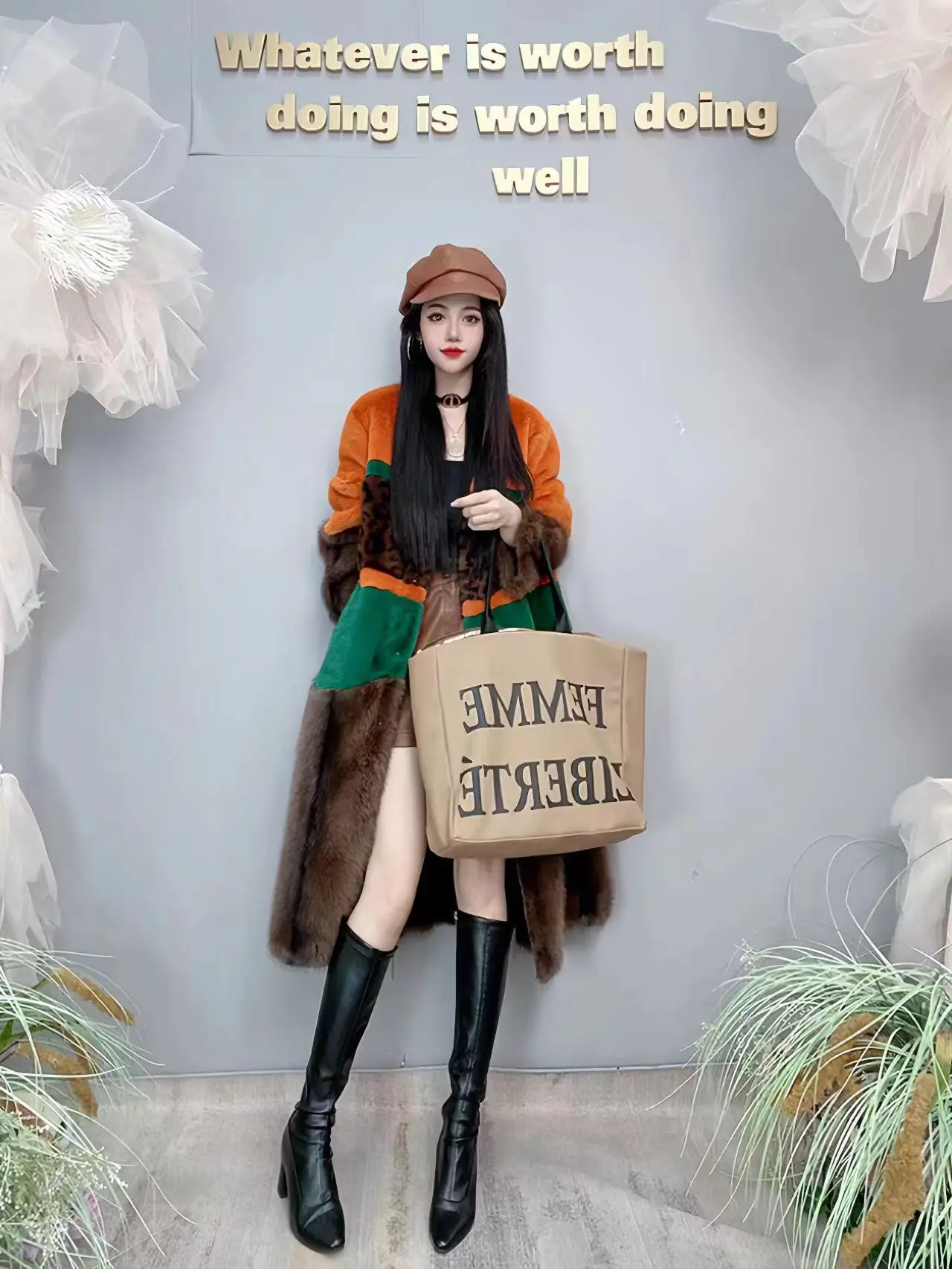 Orange Patchwork Leopard Print Green Eco-friendly Fur, Casual Mid Length V-neck Style Imitation Mink Fur Warm Coat, Winter New 2