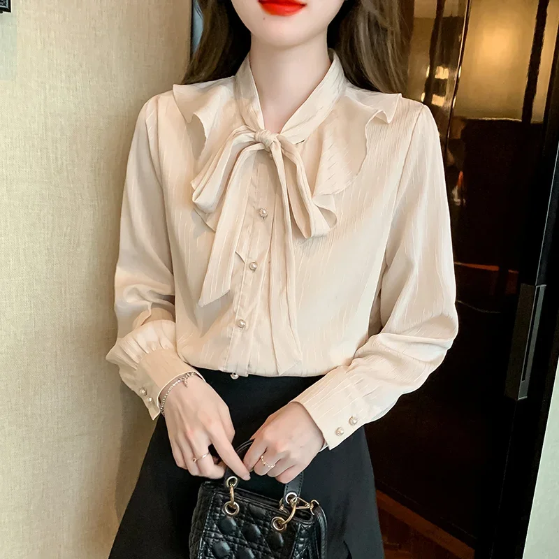 

Chiffon Women's Shirts Solid Loose Casual Blouses Spring/Summer O-neck Ruffles Clothing Fashion Long Sleeves Tops YCMYUNYAN