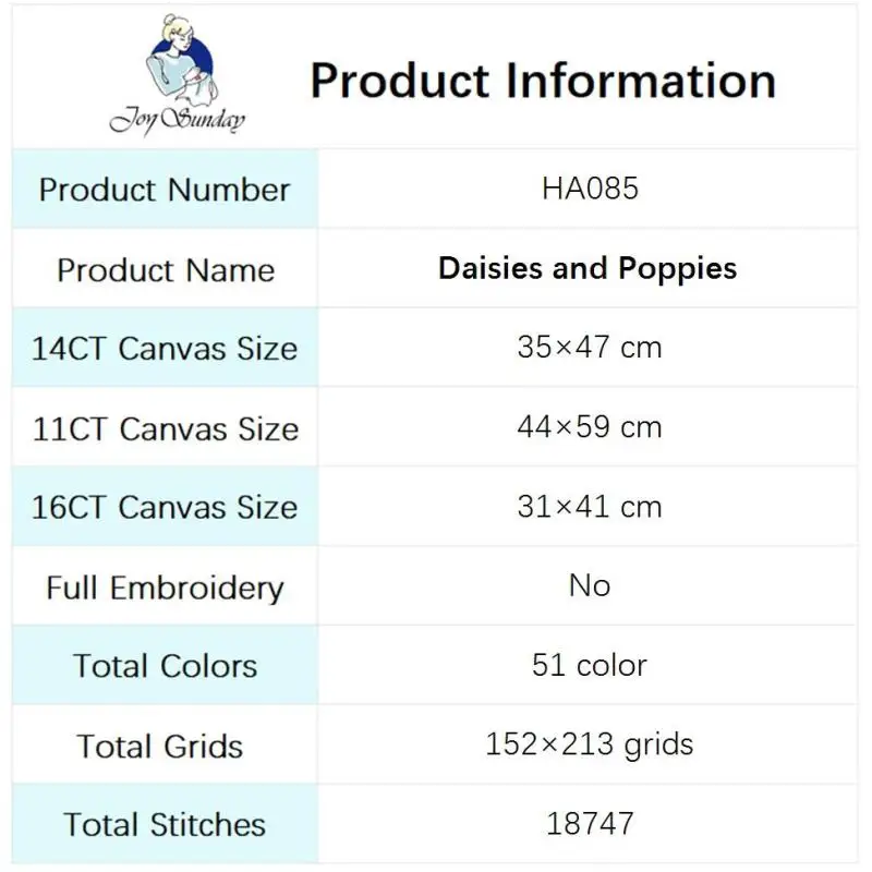 Cross Stitch Kit Daisies and Poppies DIY Floral Pattern Cross Stitch Kit 11CT 14CT 16CT Count Printed Canvas Fabric Needle Thread Embroidery Set