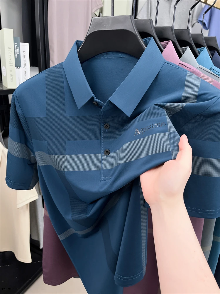 Summer High-end Luxury Men's Polo Shirt Lapel Stripe Print Short-sleeve Seamless T-shirt British Business Fashion Top Men's Wear 14 Saa4e6331fa294ccbb80a35d9b6a0b896L