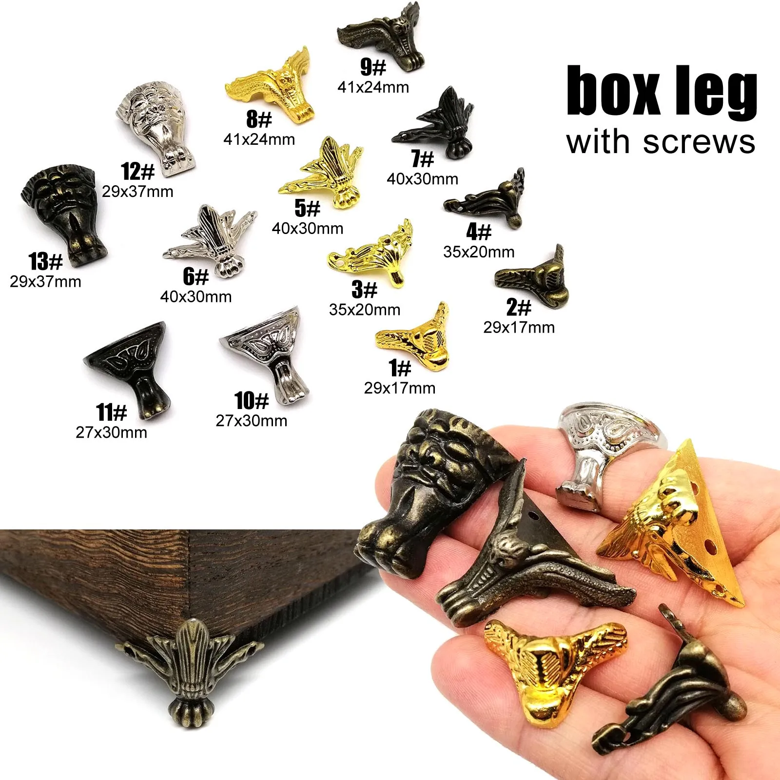 4pcs Jewelry Chest Wood Box Gift Wine Case Decorative Feet Leg Corner Protector Support Bracket with screws Golden Silver Bronze furniture corner protector decorative corner cover metal decorative protectors
