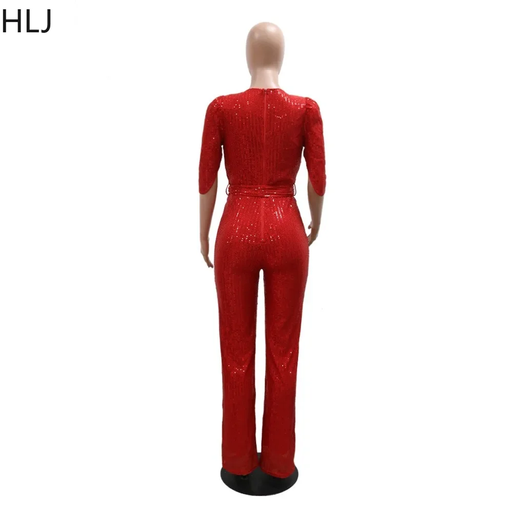 HLJ Fashion Sequin V Neck Half Sleeve Lace Up Party Club Jumpsuits Elegant Women Slim Straight Pants Playsuits Female Overalls