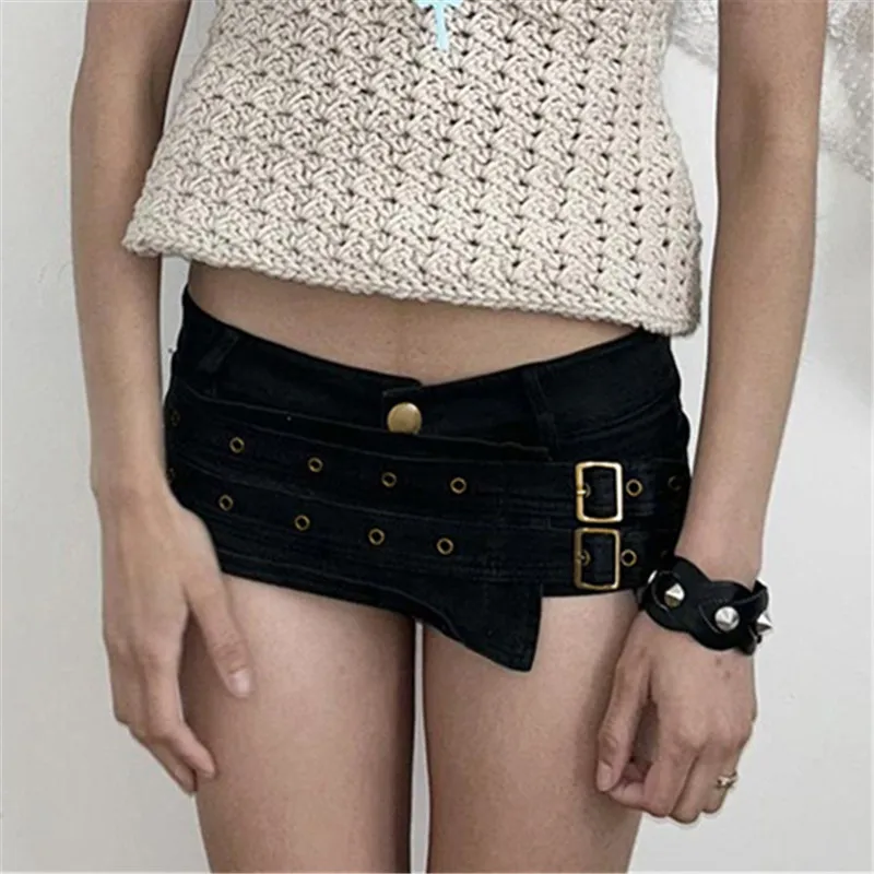 Goth Dark Punk Style Metal Buckle Ultrashort Pants Mall Goth Low Waist Skinny Shorts Cyber Y2K Streetwear Women Alt Hot Pants