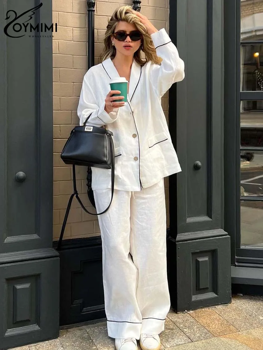 

Oymimi Casual White Cotton Sets For Women 2 Pieces Elegant Long Sleeve Button Pockets Shirts And Straight Full Length Pants Sets
