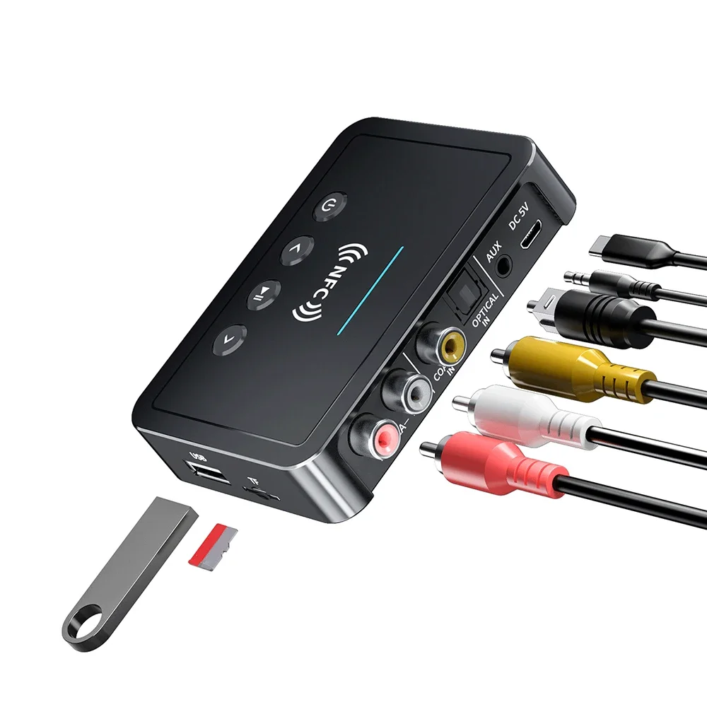 NFC 블루투스 호환 5.0 수신기 송신기 무선 어댑터 AUX 3.5MM 광 동축 TF/U-디스크 USB FM LED 디스플레이 HD 마이크