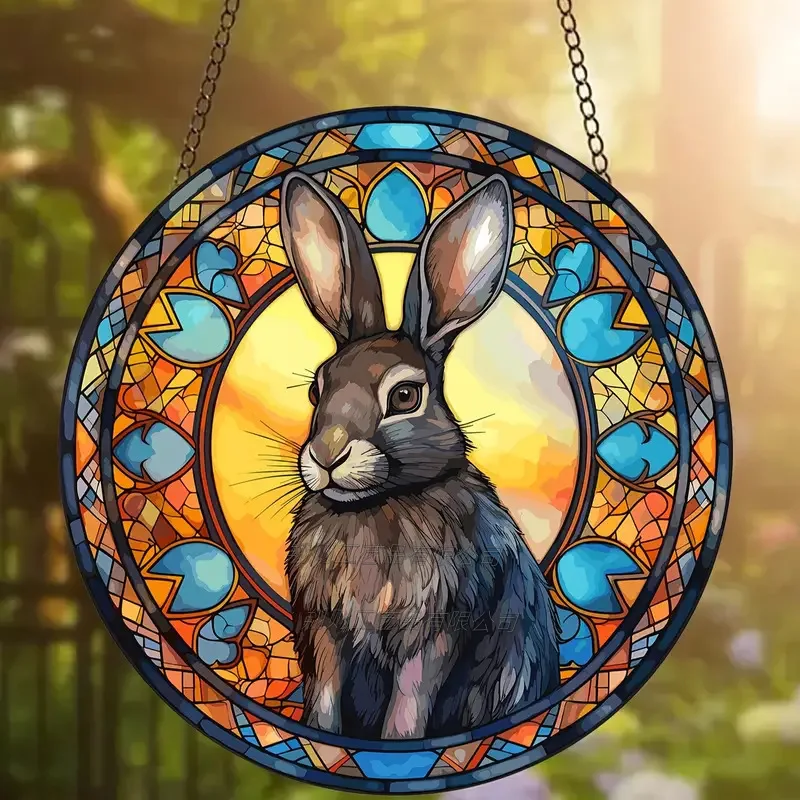Easter Rabbit Stained Acrylic Suncatcher Window Flowers Home Wall Hanging Living Room Ornament Hand-Painted Panel Door 3