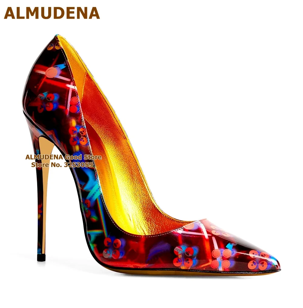 

ALMUDENA Red Floral Laser Patent Leather 12cm Heels Golden Lining Newest Spring Summer Shallow Dress Pumps Pointed Toe 10cm 8cm