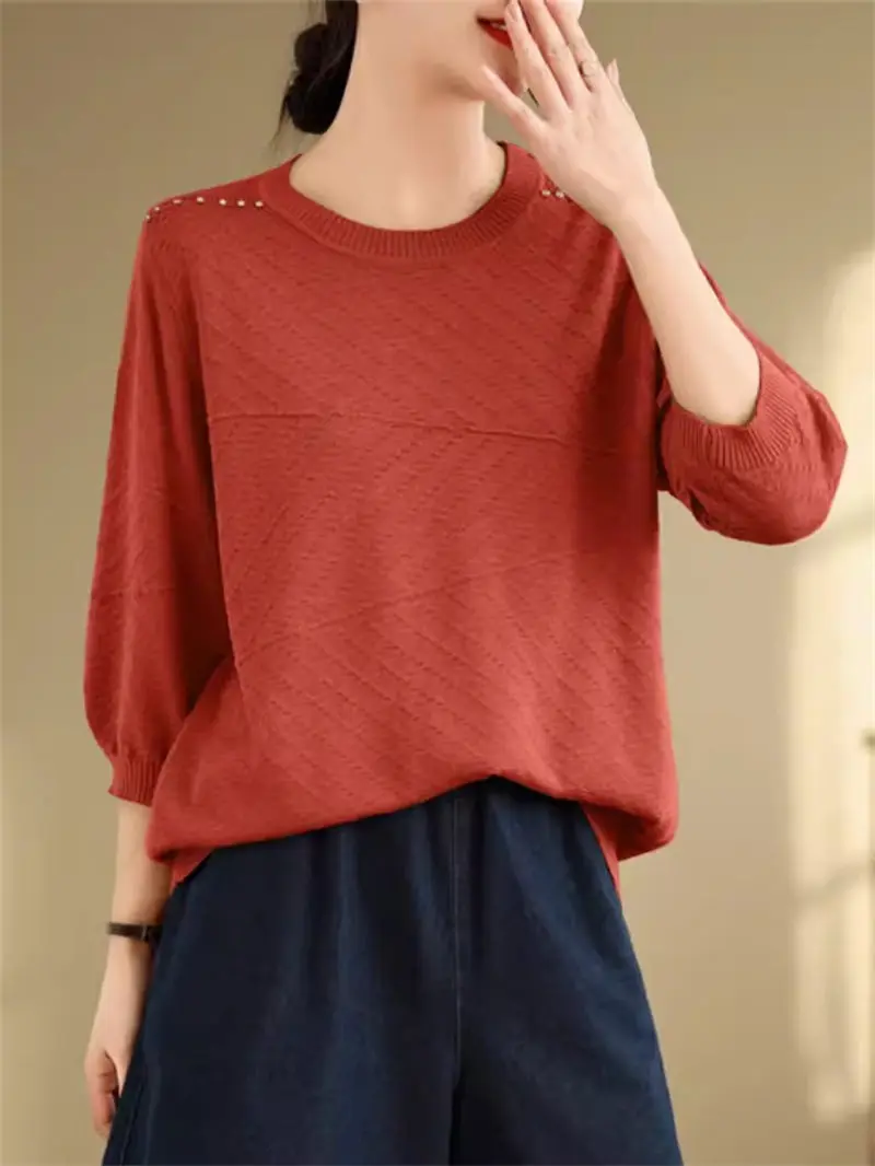 

Женский жаккардовый свитер в стиле ретро, свободная однотонная трикотажная футболка со средними рукавами, модель K506 на весну и лето