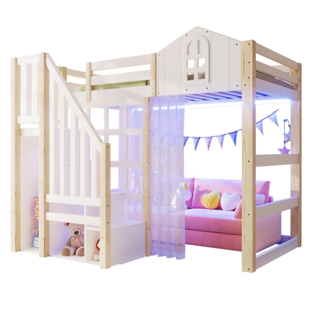 90x200cm Kinderzimmer-Hochbett, mit LED-Leuchten und Gaze, Fensterform, offenes Aufbewahrungsfach, Weiß + Natur (ohne Matratze) – Detail 10