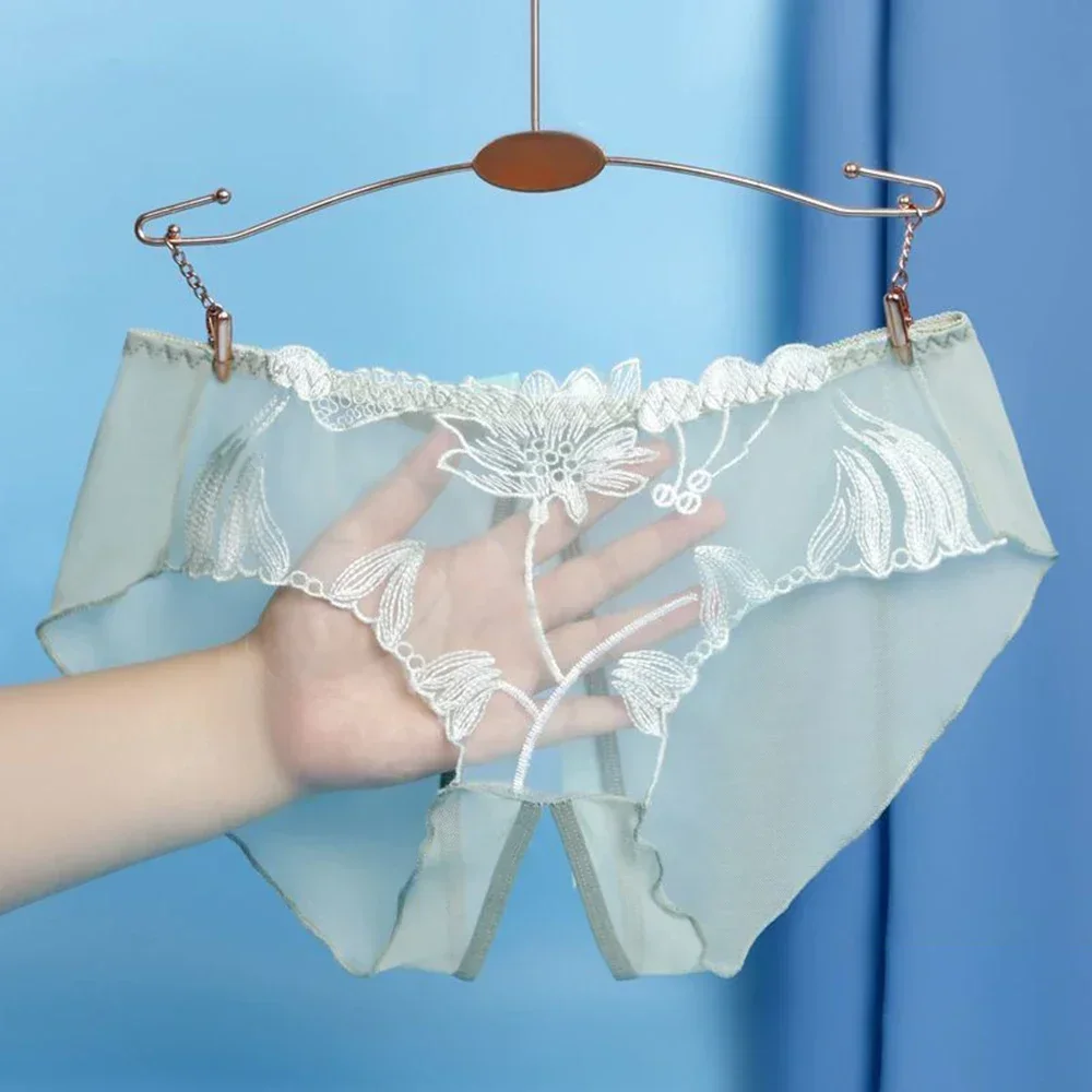 Women Plus Size Lace Sexy Transparent Underwear Floral Mesh Comfort Sheer Crotch Slit Traceless Briefs Panties Women's Briefs