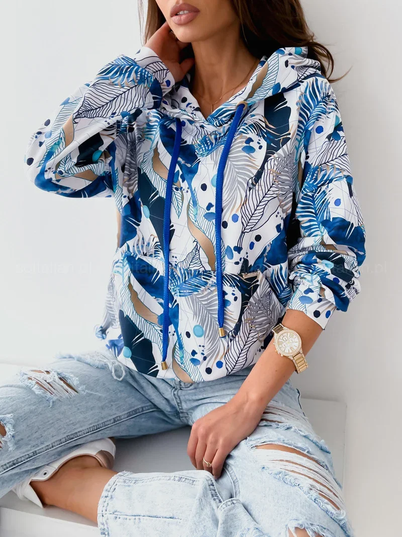 FashionPrinted Loose Bat Sleeve Long Sleeve Ladies Straight Casual Loose Hooded Sweater Pullover Sweatshirt Harajuku Korean Top