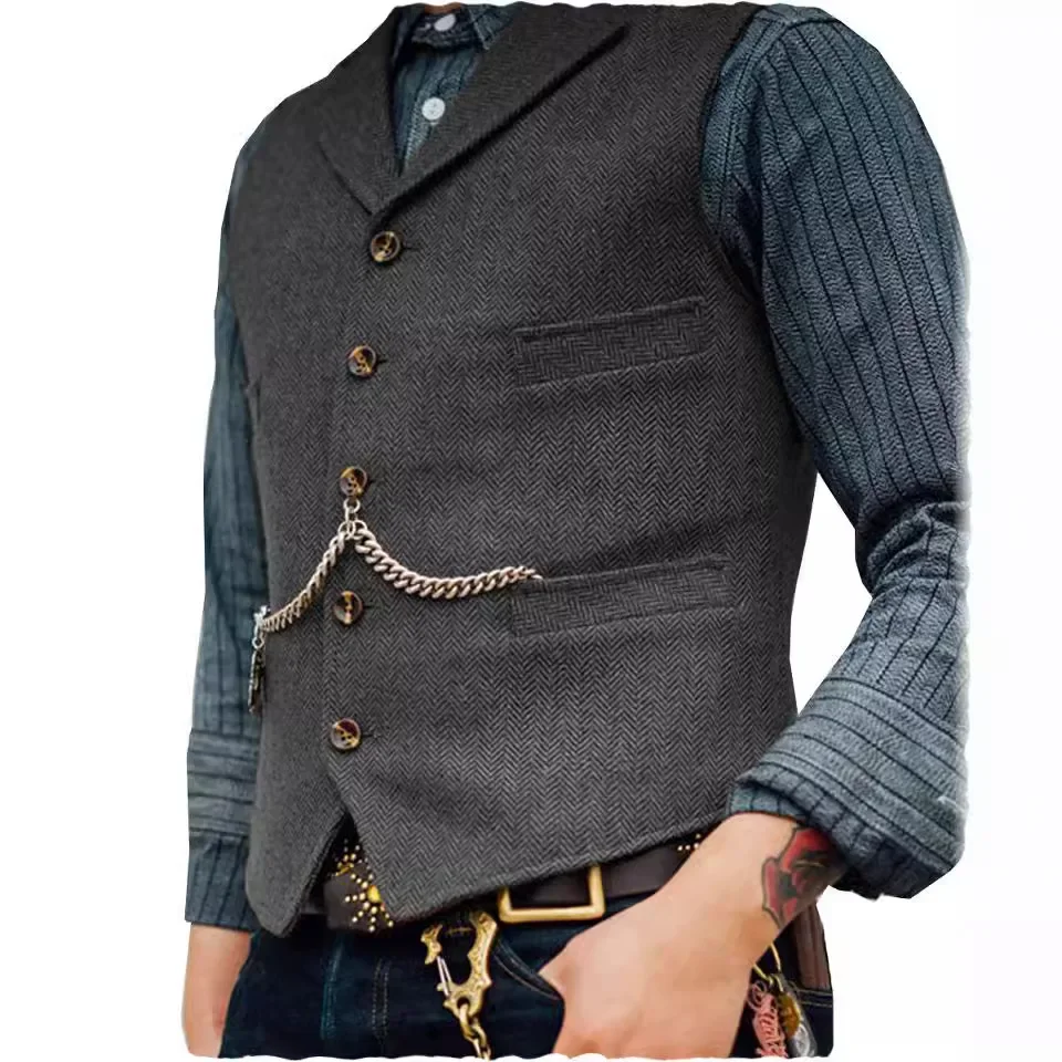 Wool Tweed Men's Suits Vest for Groomsmen Wedding Lapel Casual Slim Business Vests Sleeveless Waistcoat Male Gilet Homme Vests 3