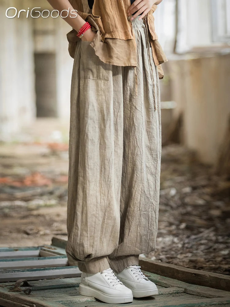 OriGoods 여성 하렘 팬츠 오리지널 디자인 라미 코튼 오버사이즈 젠 루즈핏 배기 팬츠 엘라스틱 웨이스트 디스트레스드 팬츠 B188