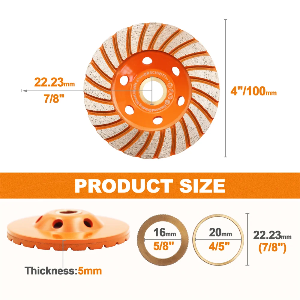 BRSCHNITT Dia100mm Diamond Grinding Wheels for Grinding Polishing Concrete Masonry Granite Marble Turbo Hole Saw Sintered Wheel grinding cup wheels grinding head tool hardness test head grinding adapters
