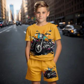 2024 New Car Summer Short Sleeve T-Shirt Suit Shorts Children Toddler Infant Clothing 3D Cartoon Print Fashion Boys Girls 1