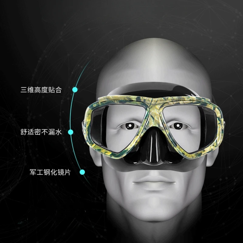 Snorkel Mask Swimming Goggles Scuba Diving Silicone Skirt Tempered Glass Len Wide View Training Nose Cover Adjustable Strap