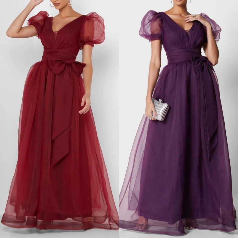 Jiayigong  Net Bow Birthday A-line V-neck Bespoke Occasion Gown Midi Dresses