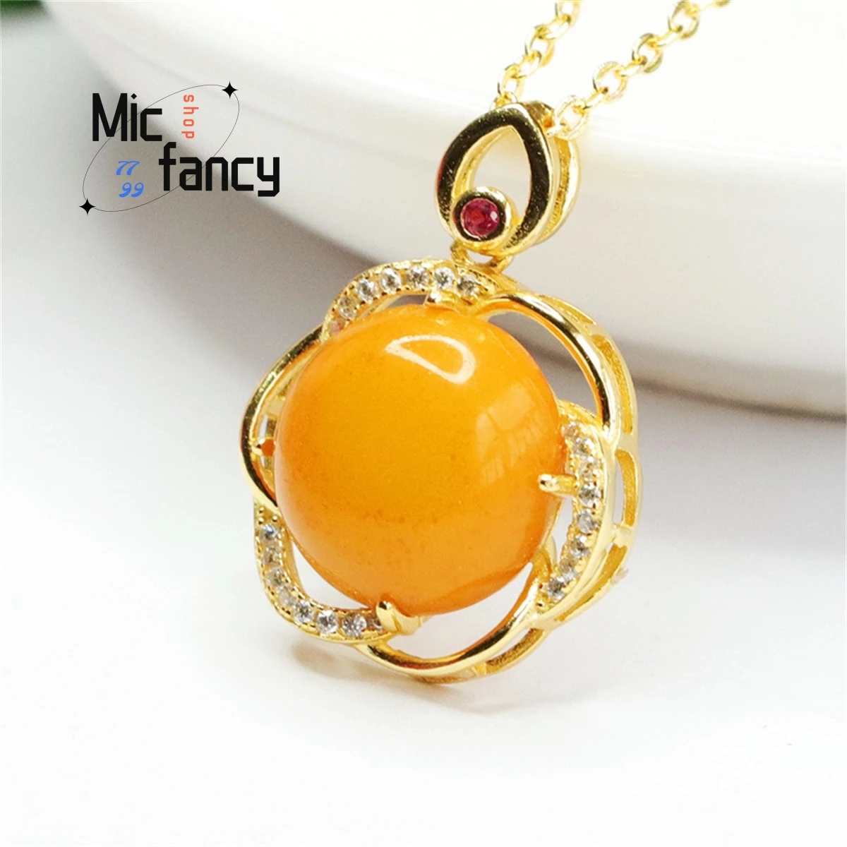 Natural S925 Inlaid With Old Material Honey Wax Chicken Oil Yellow Round Bead Necklace Pendant Versatile Exquisite Holiday Gift
