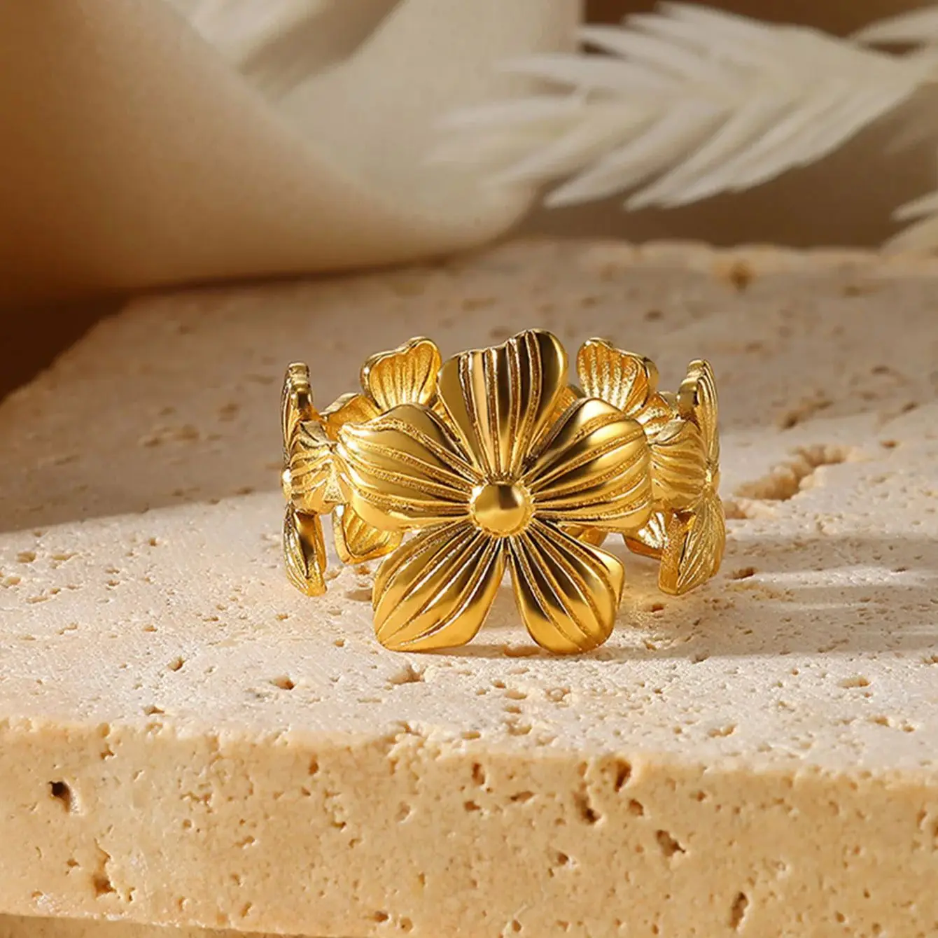 Geometric Stainless Steel Flower Opening Ring Gold Color Jewelry Gift For Women